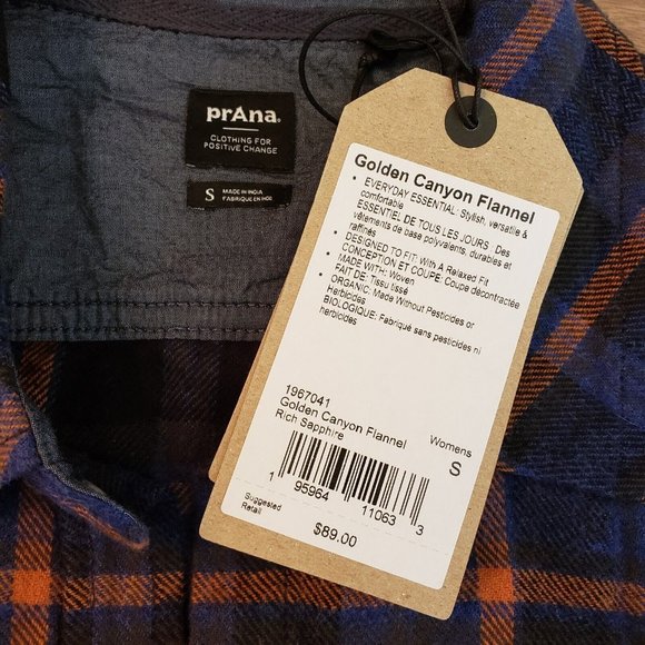 PrAna Golden Canyon Womens Small Flannel Rich Sapphire Plaid - Picture 10 of 12